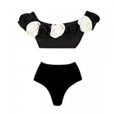 Black & White Rose Off-Shoulder Short Sleeve 2 Piece Bikini Set